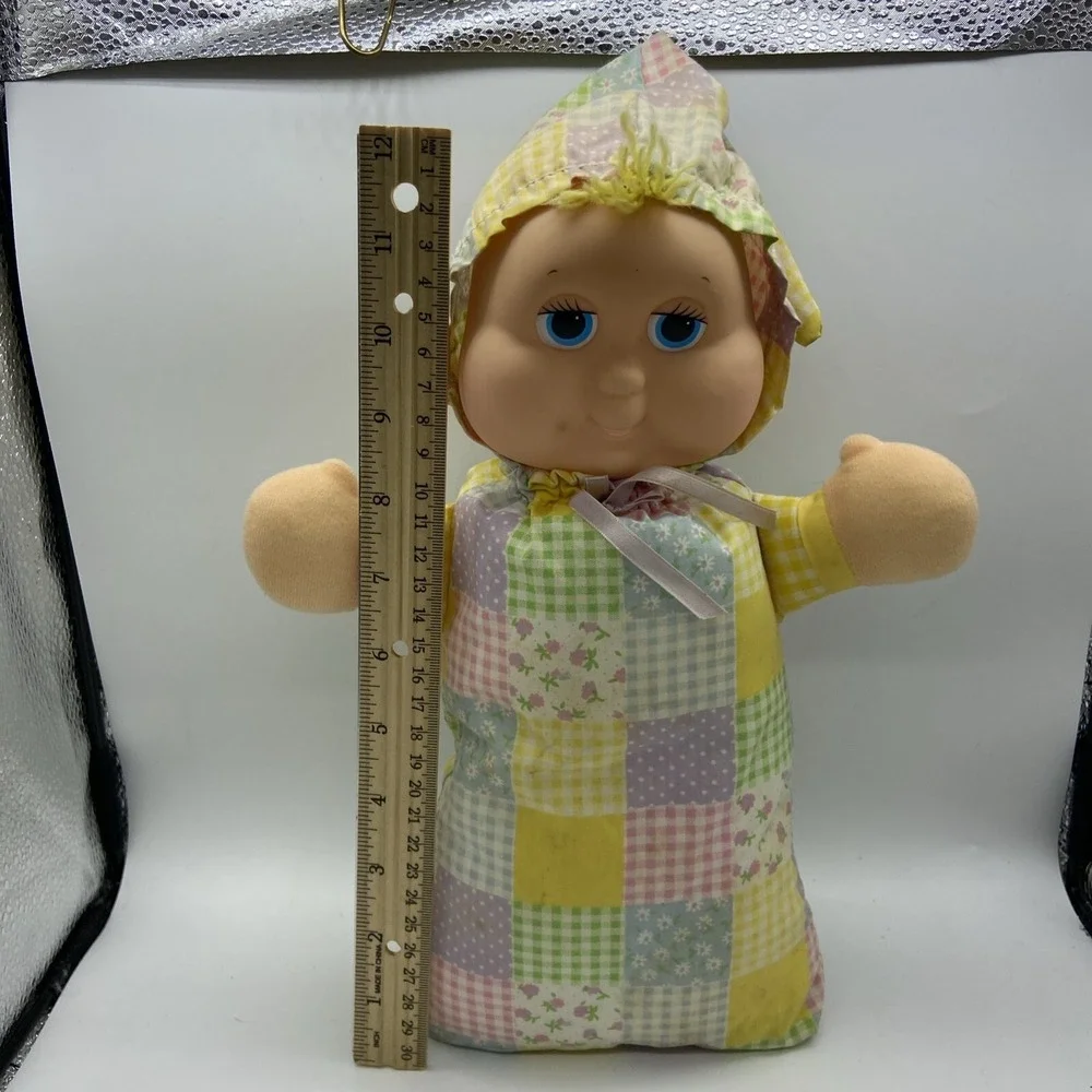 Luv n Care Baby Doll Plush Patchwork Pastel Gingham Bonnet Zip Back Blue Eye